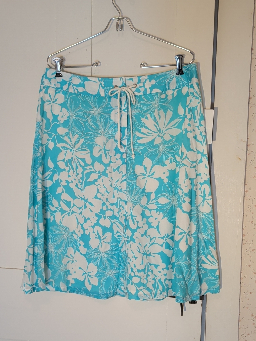NWT Liz Claiborne Turquoise Floral Skirt Drawstring Cotton Lined Lightweight 14P